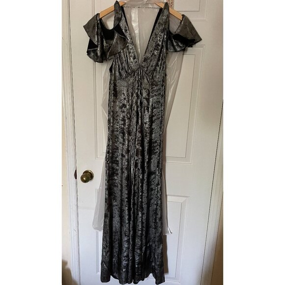 NWT TopShop Cold Shoulder Silver Metallic Foil Maxi Dress Size 2 - Picture 3 of 8